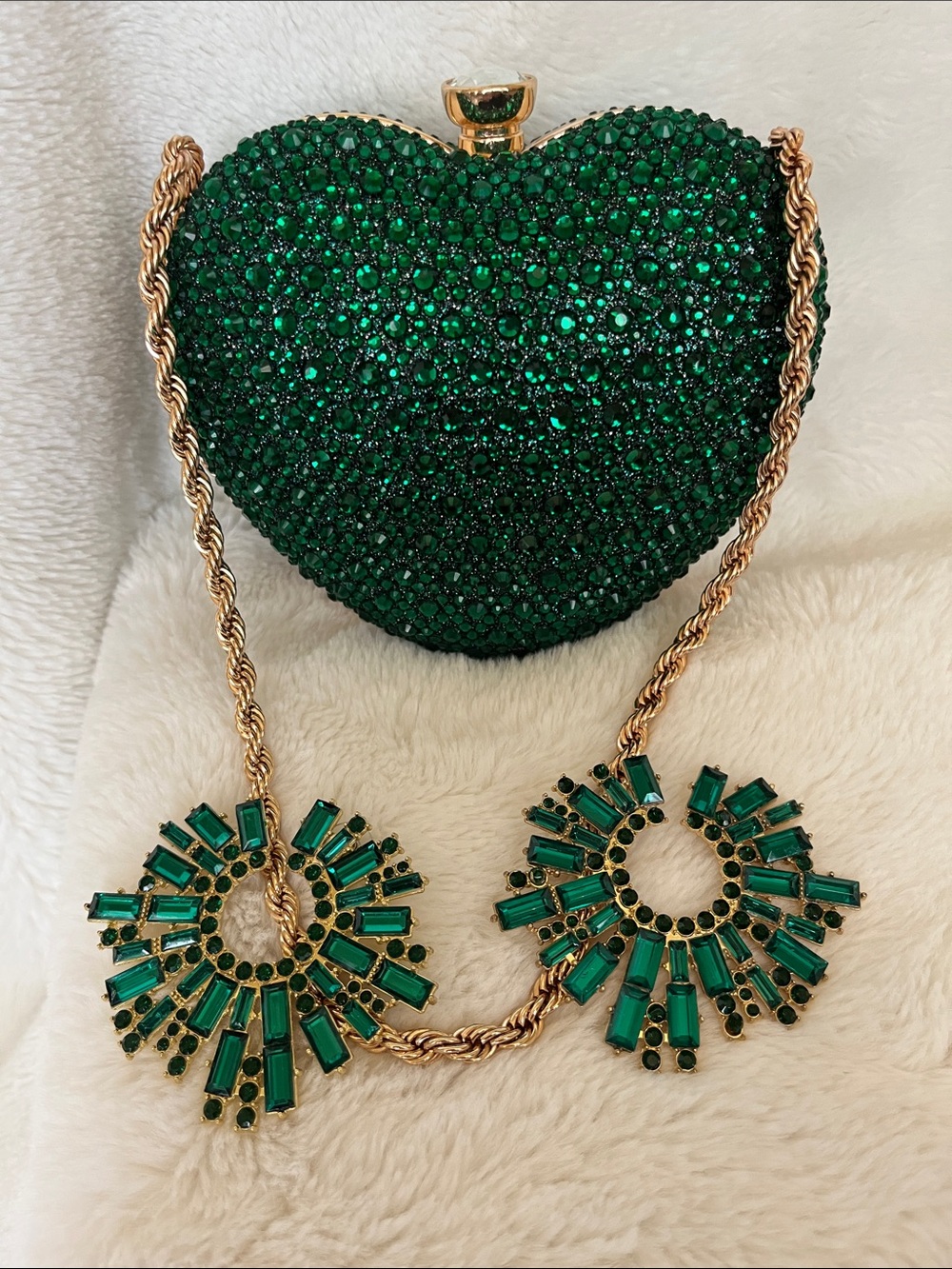 Emerald Green Heart Crystal Bag + Earrings NEW